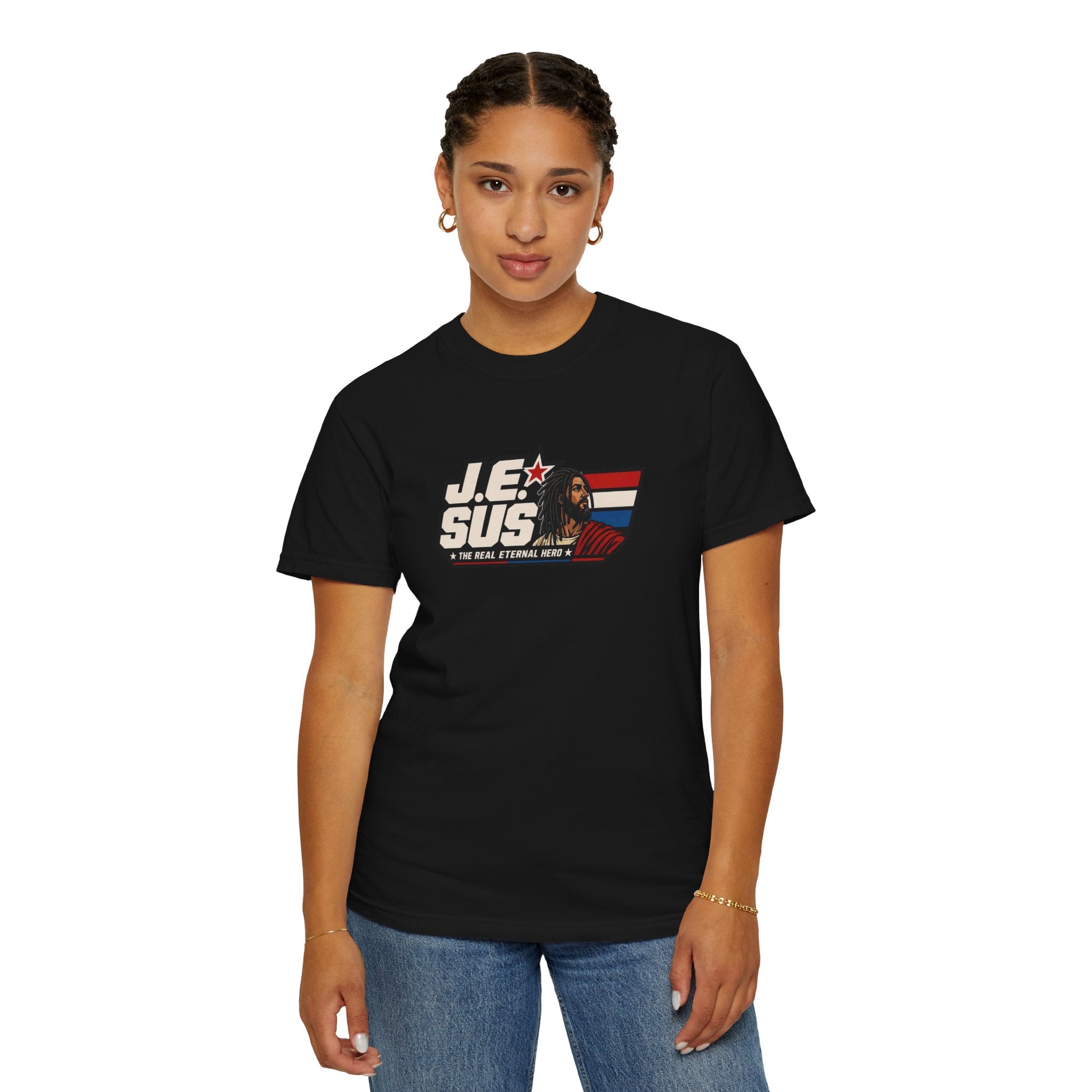 Jesus Retro Graphic T-Shirt — “J.E.SUS The Real Eternal Hero” Christian Vintage Tee