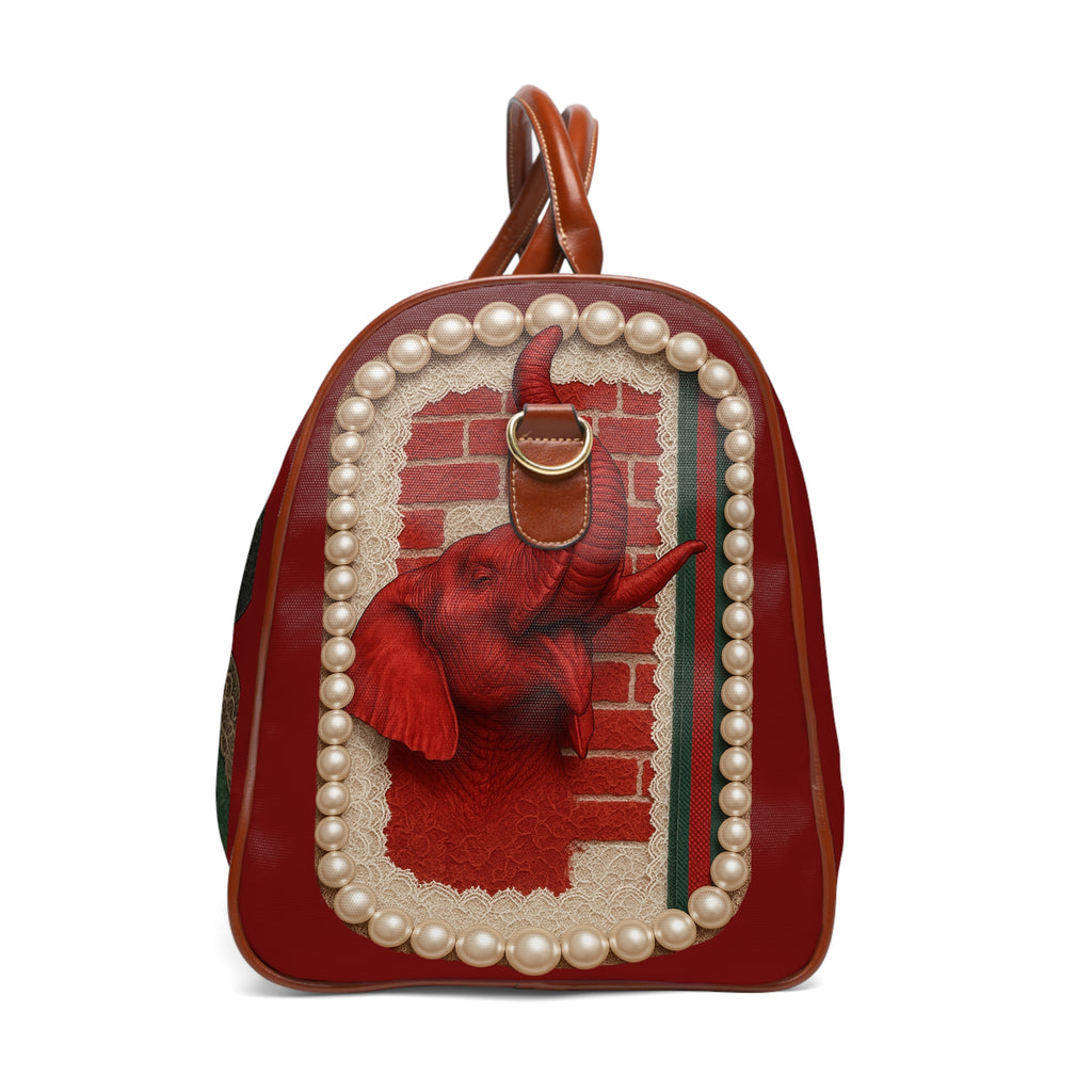 Waterproof Travel Bag — Elegant Black & Red Rose Pearl Duffle. (no raised pearls )￼