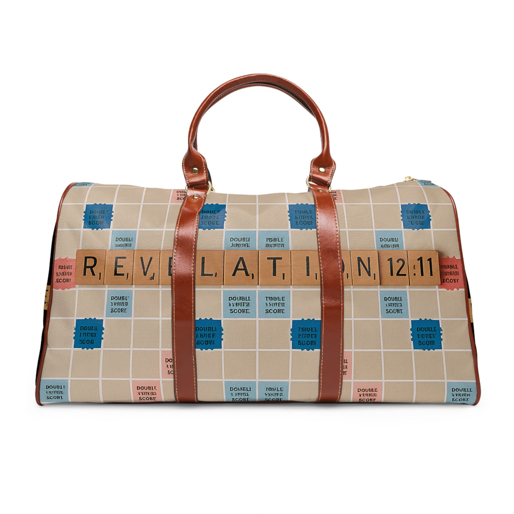 Revelation 12:11 Scrabble-Style Waterproof Travel Bag