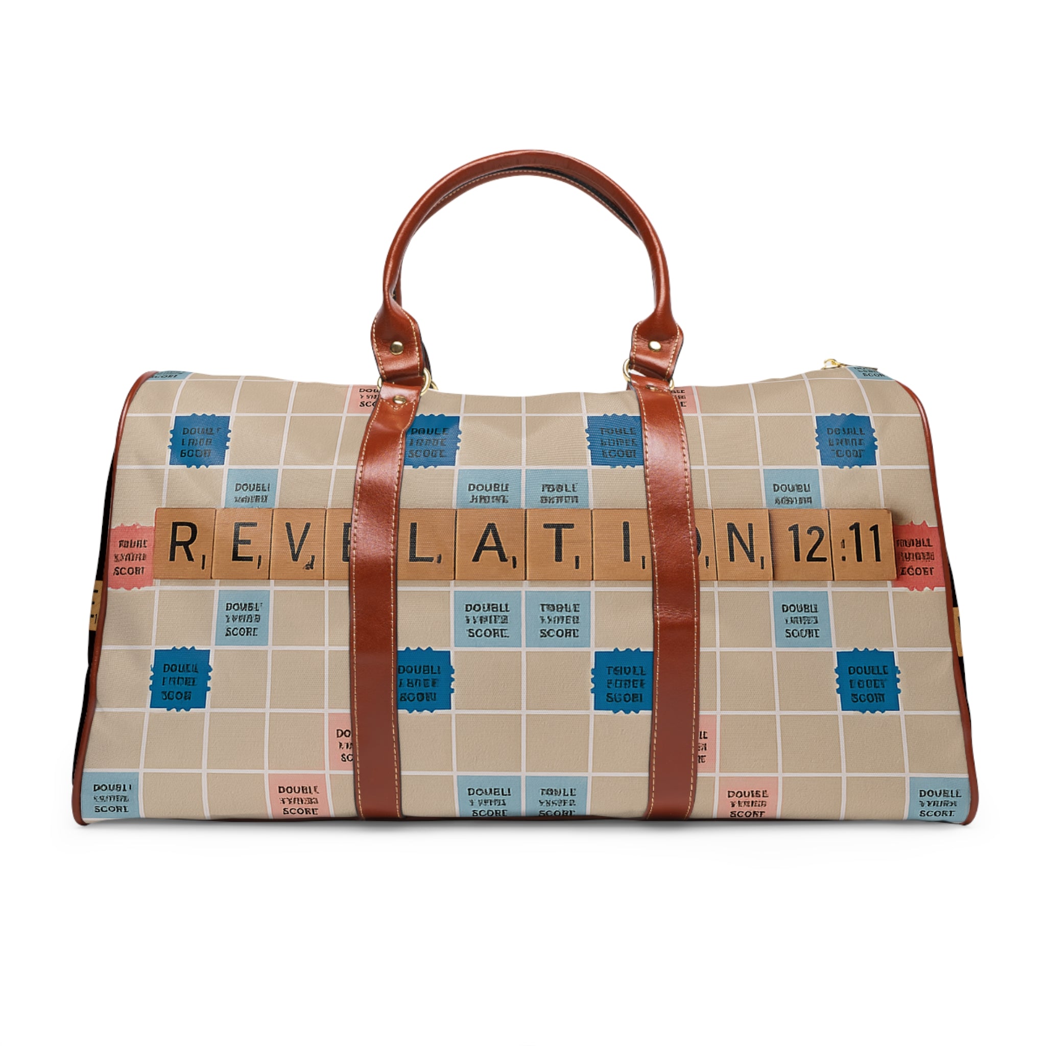 Revelation 12:11 Scrabble-Style Waterproof Travel Bag