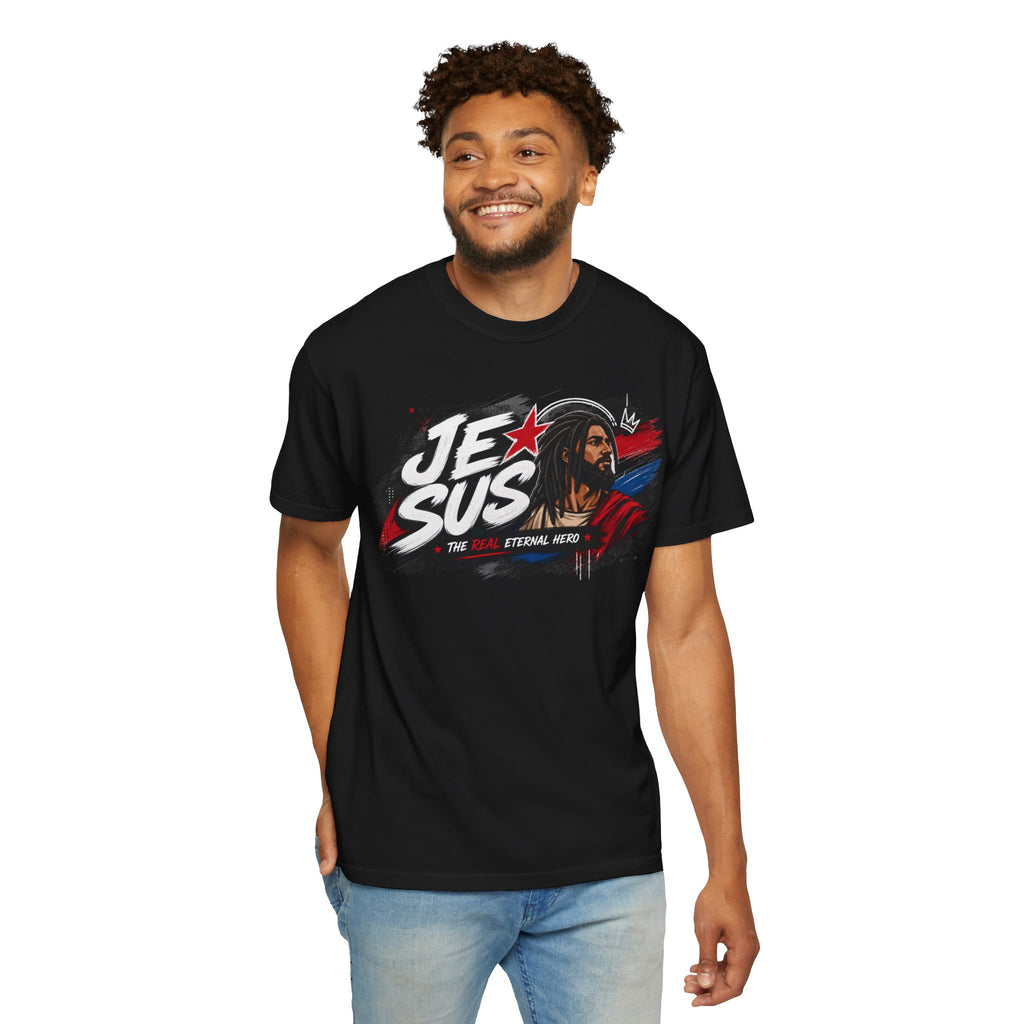 Jesus Retro Graphic T-Shirt — “J.E.SUS The Real Eternal Hero” Christian Vintage Tee