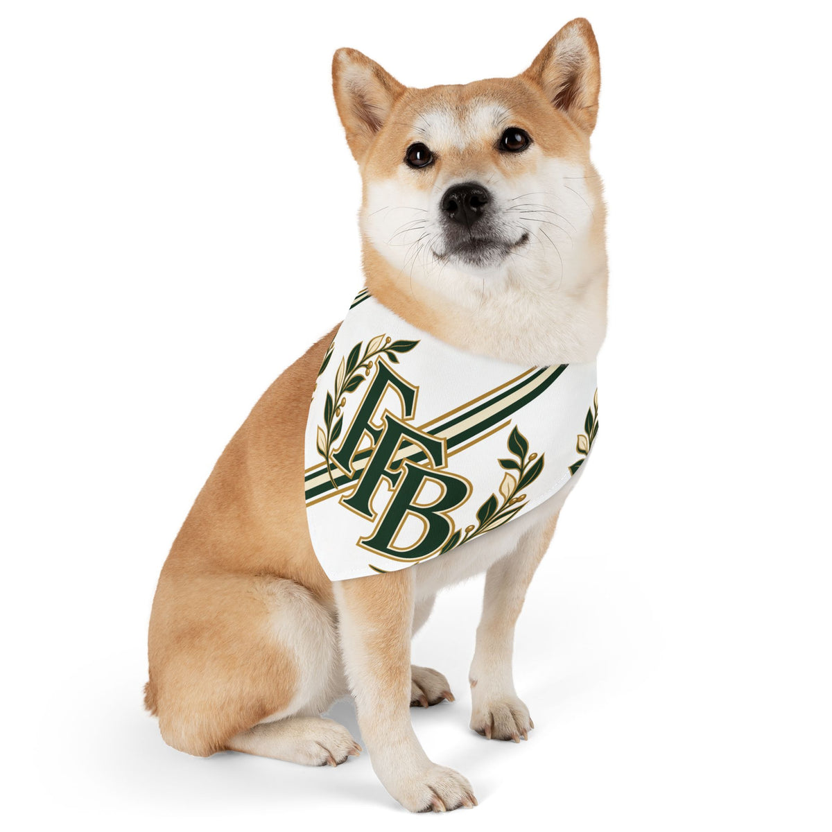 Monogram Laurel Pet Bandana Collar — Green & Gold FFB Crest