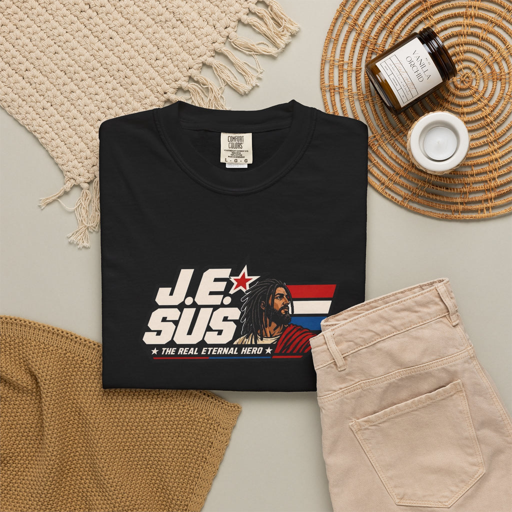 Jesus Retro Graphic T-Shirt — “J.E.SUS The Real Eternal Hero” Christian Vintage Tee