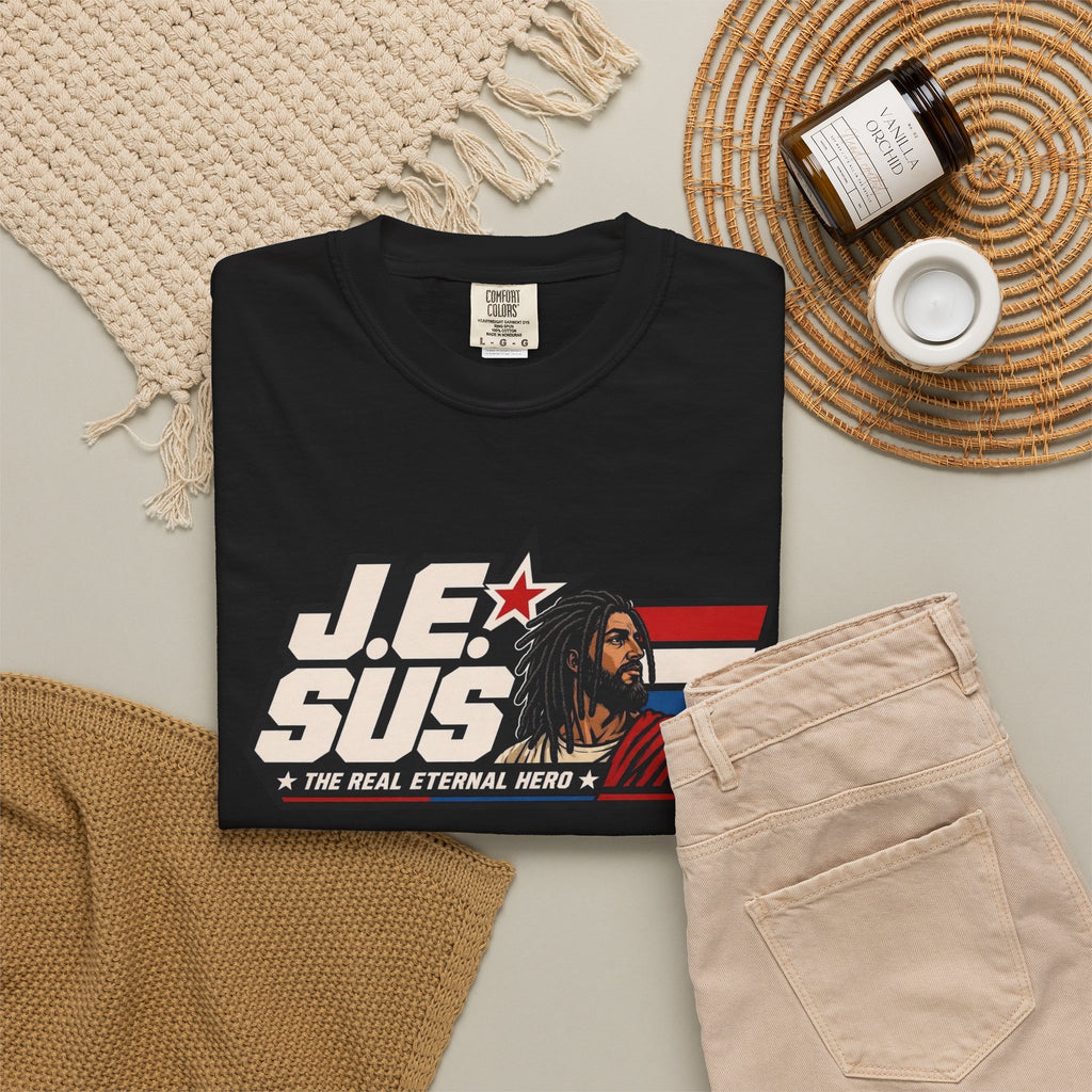 Jesus Retro Graphic T-Shirt — “J.E.SUS The Real Eternal Hero” Christian Vintage Tee