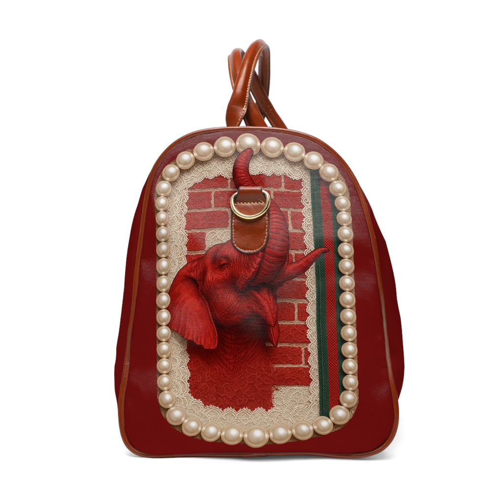 Waterproof Travel Bag — Elegant Black & Red Rose Pearl Duffle. (no raised pearls )￼