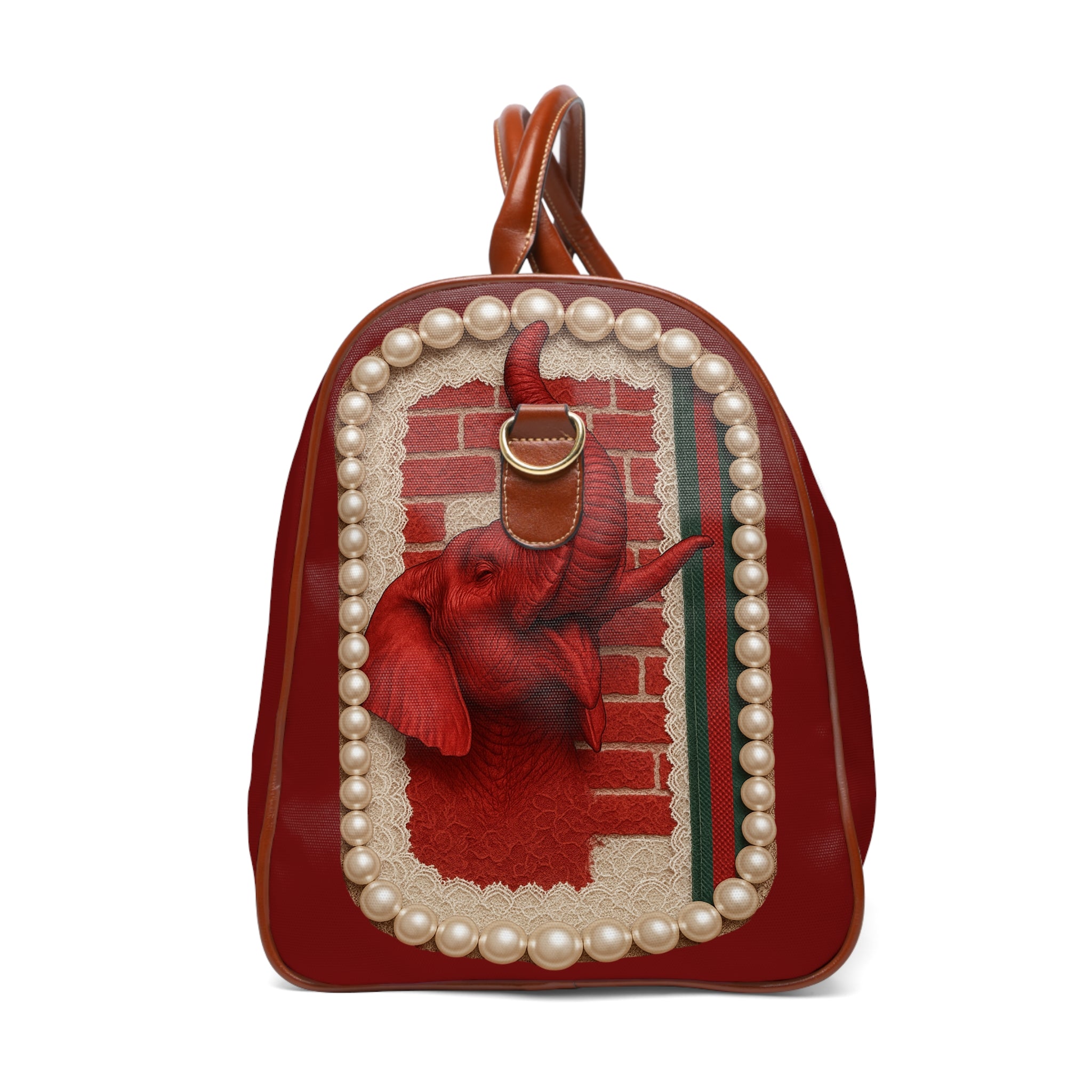 Waterproof Travel Bag — Elegant Black & Red Rose Pearl Duffle. (no raised pearls )￼