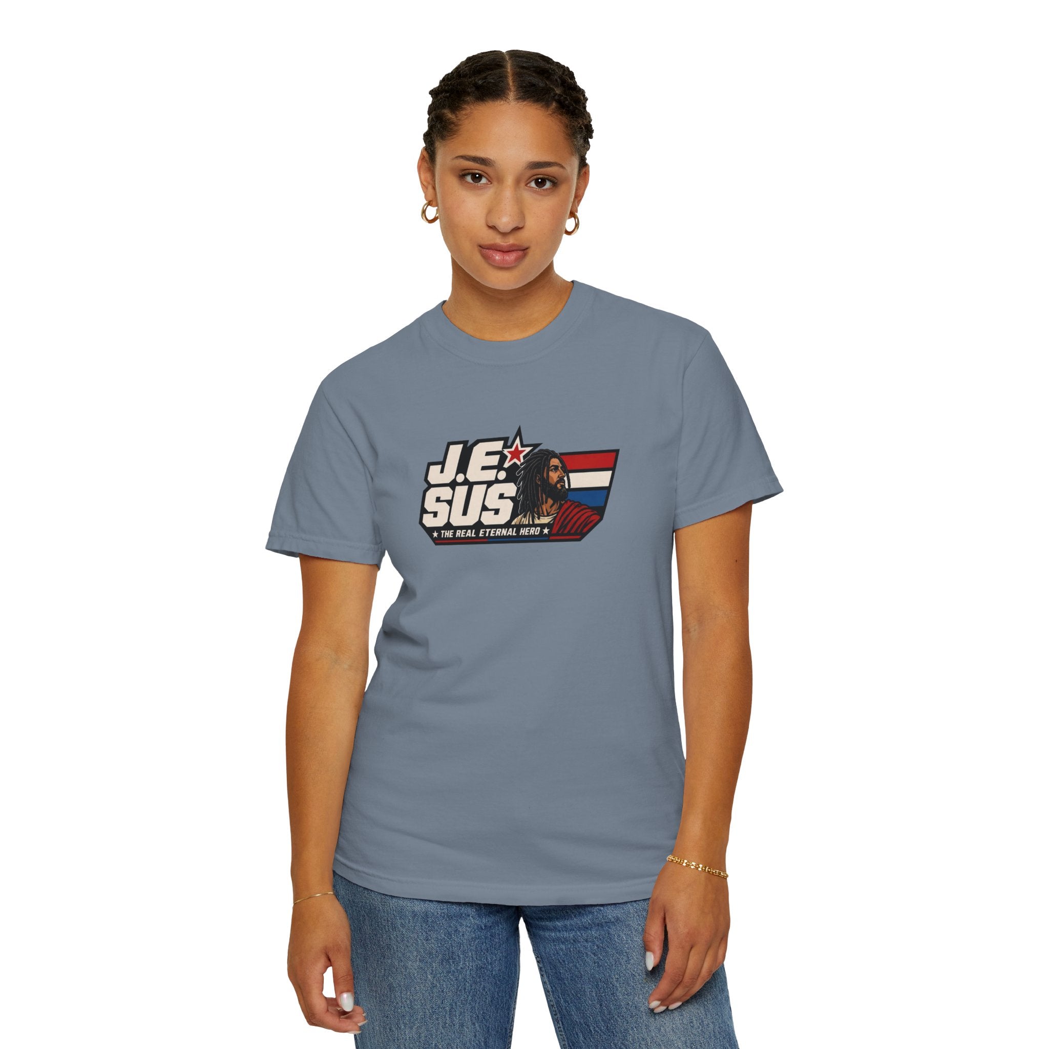 Jesus Retro Graphic T-Shirt — “J.E.SUS The Real Eternal Hero” Christian Vintage Tee