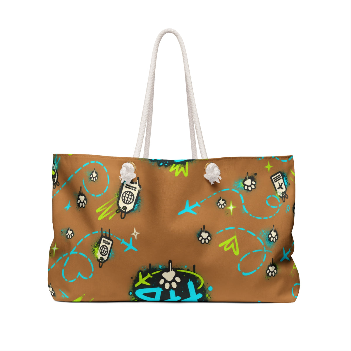 FFB Pawprint Weekender Bag — Travel Tote with Fun Phone & Plane Pattern