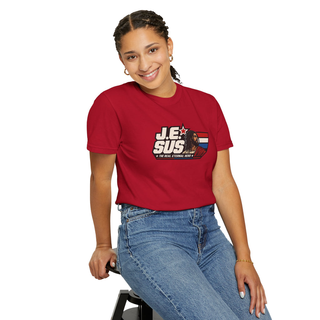 Jesus Retro Graphic T-Shirt — “J.E.SUS The Real Eternal Hero” Christian Vintage Tee