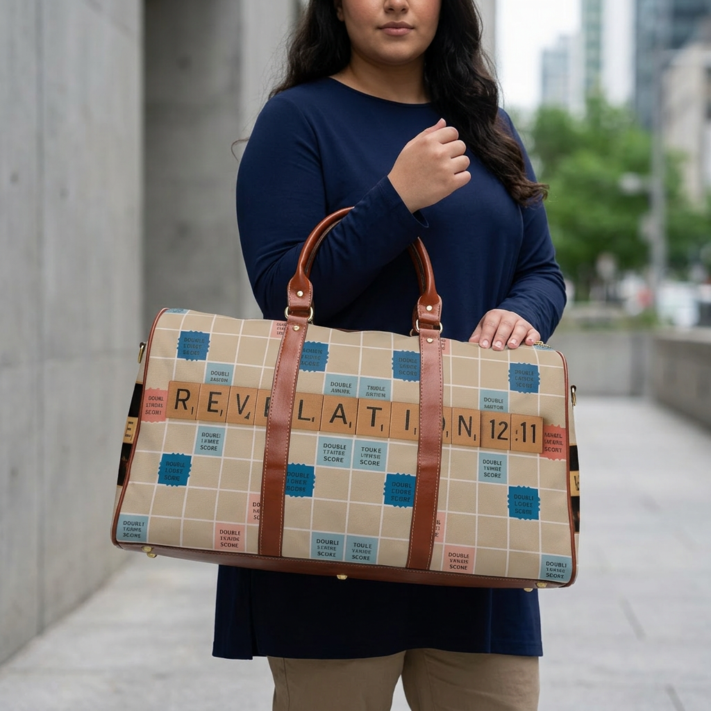 Revelation 12:11 Scrabble-Style Waterproof Travel Bag