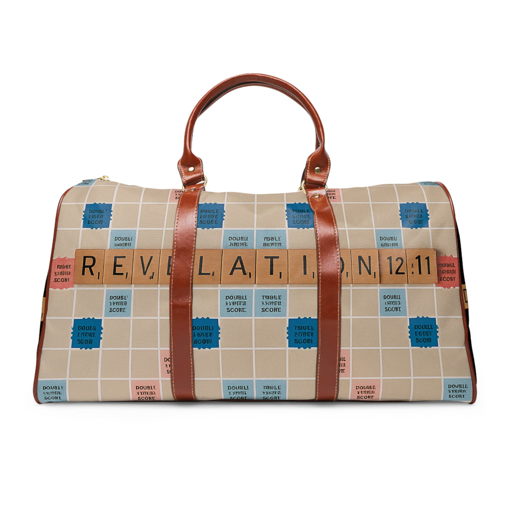 Revelation 12:11 Scrabble-Style Waterproof Travel Bag