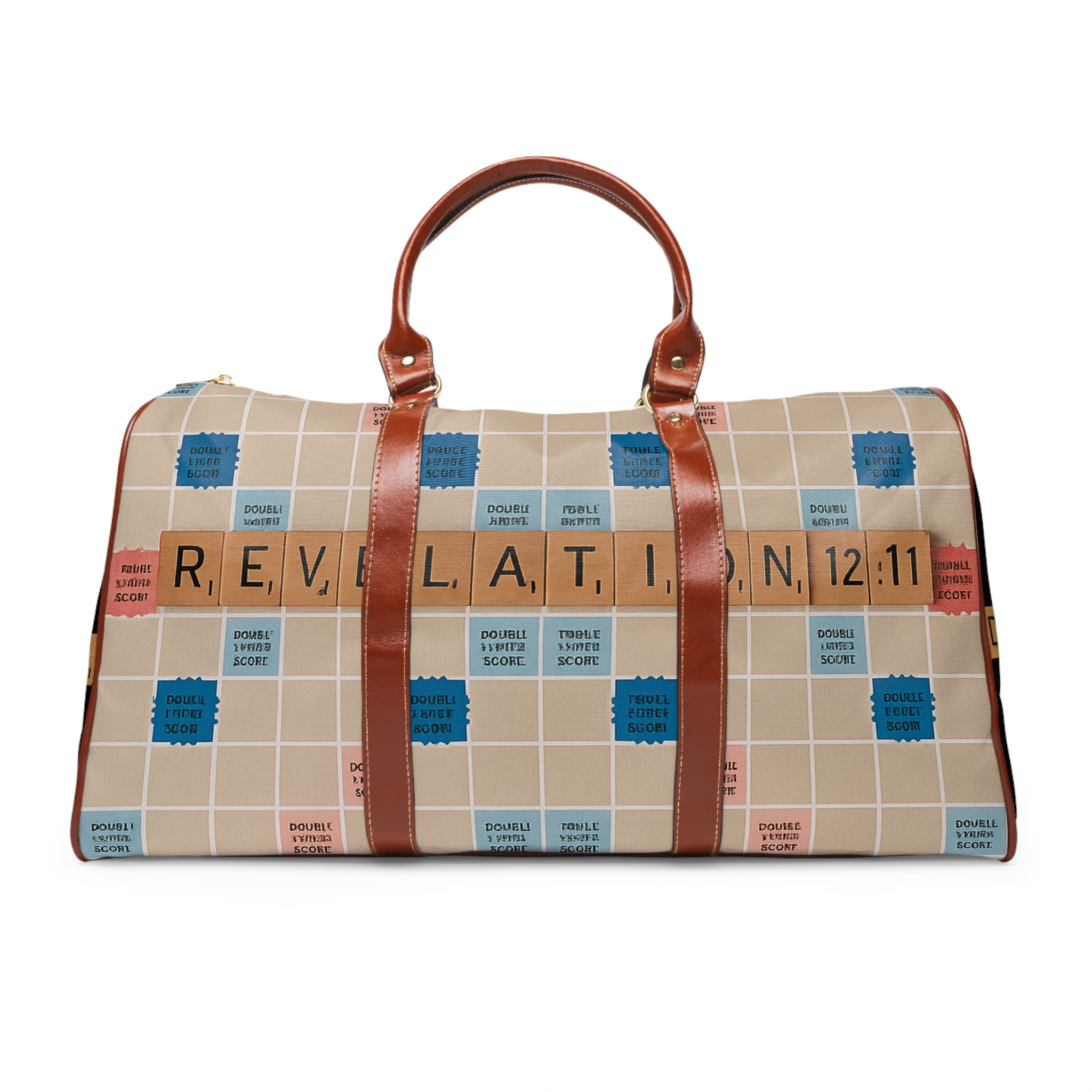 Revelation 12:11 Scrabble-Style Waterproof Travel Bag