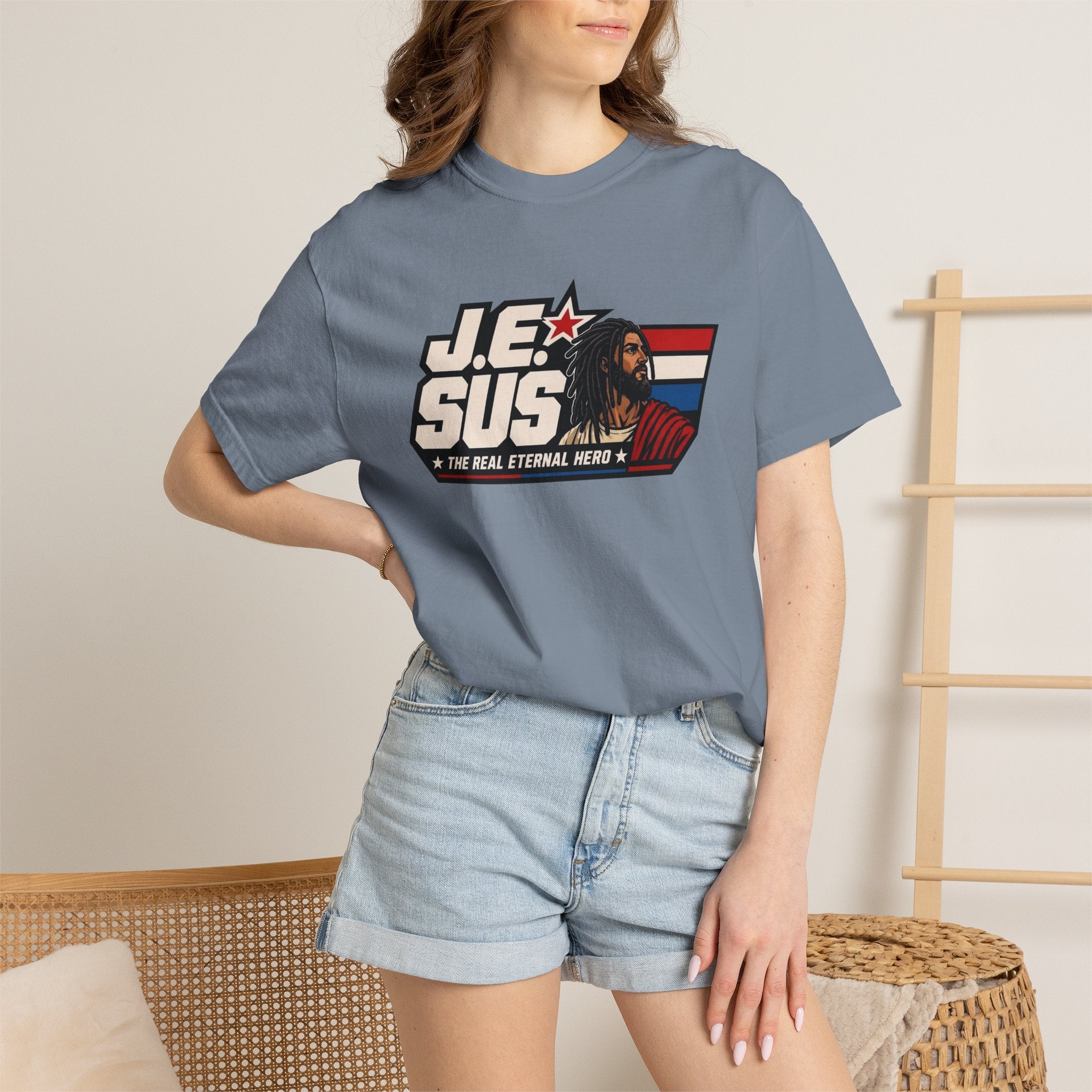Jesus Retro Graphic T-Shirt — “J.E.SUS The Real Eternal Hero” Christian Vintage Tee