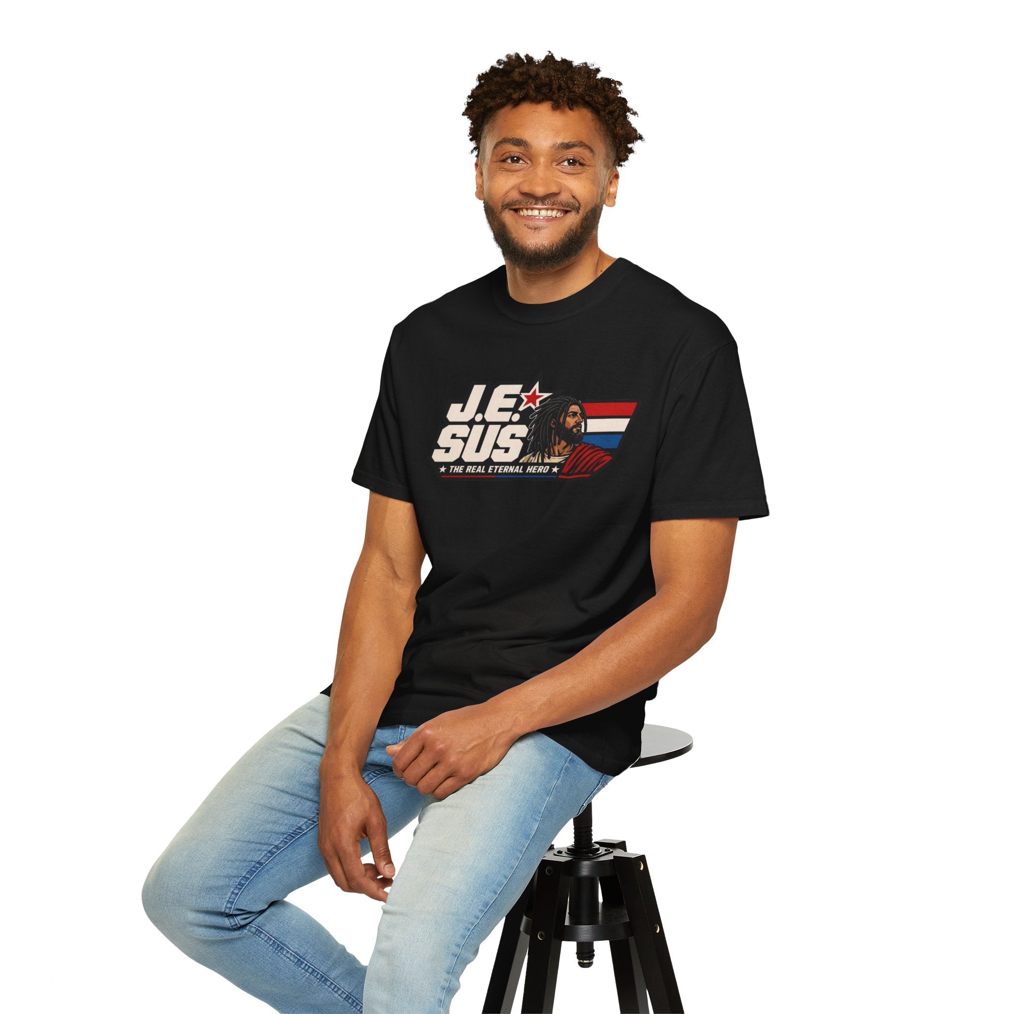 Jesus Retro Graphic T-Shirt — “J.E.SUS The Real Eternal Hero” Christian Vintage Tee