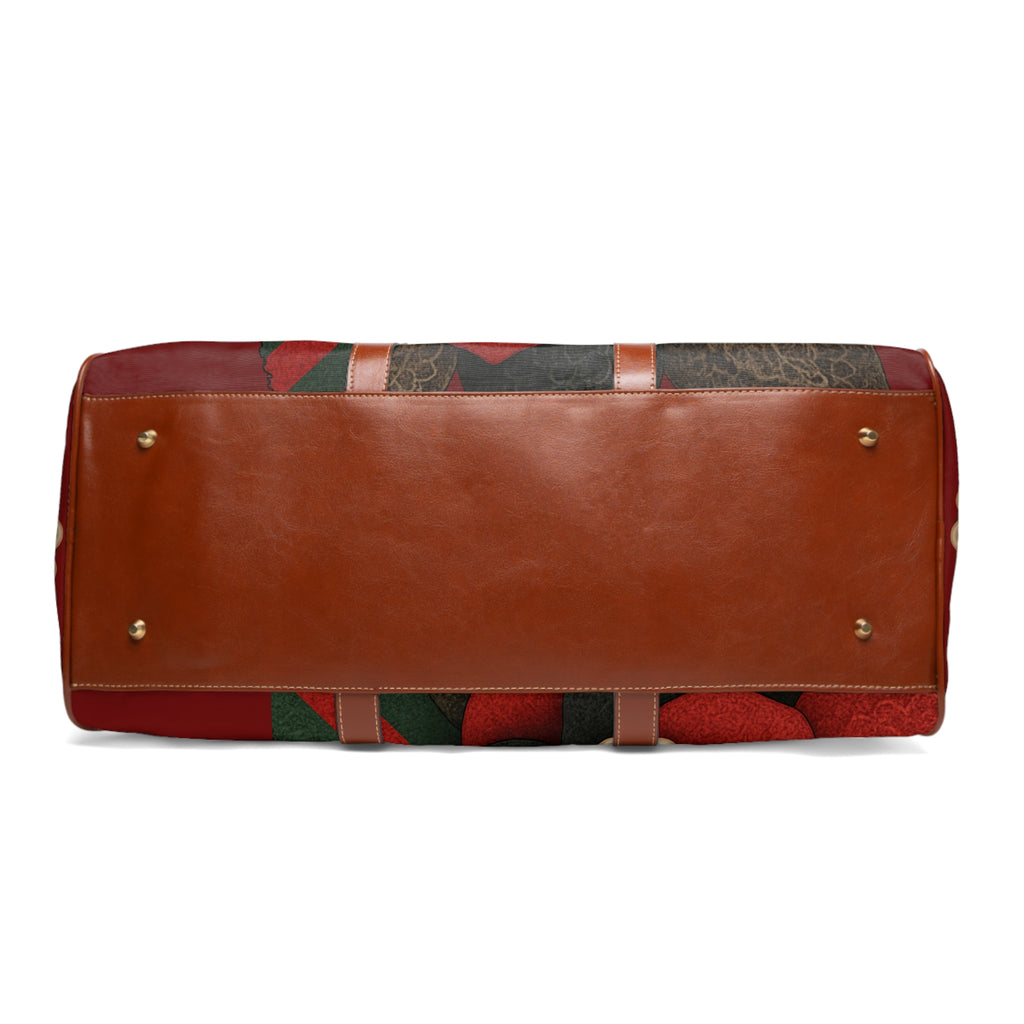 Waterproof Travel Bag — Elegant Black & Red Rose Pearl Duffle