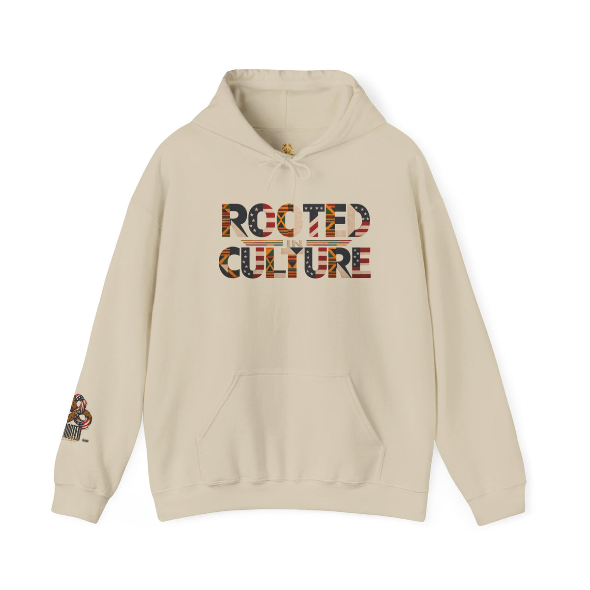 Black Graphic Hoodie — "Rooted in Culture" African Kente Inspired and USA pattern Pullover