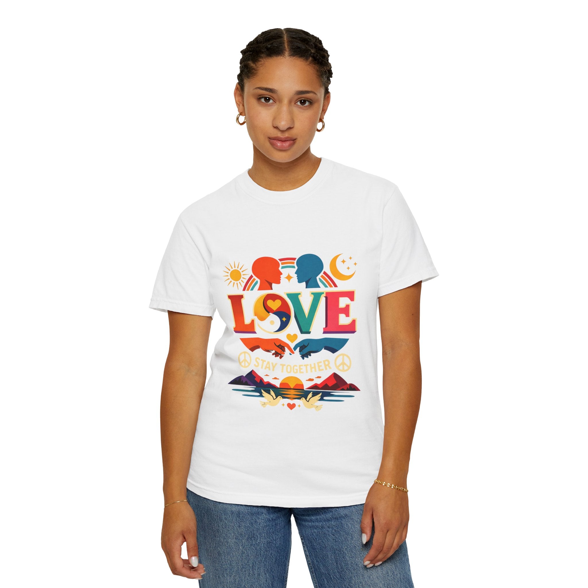 Love Together Retro Graphic T-Shirt — Colorful Peace & Unity Tee