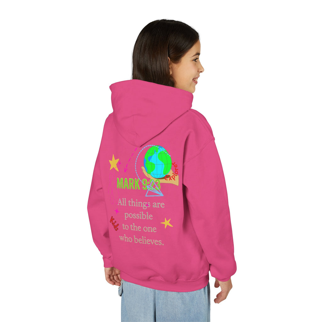 Youth Hoodie — “Little Vessels” Princess Christian Kids Sweatshirt (Mark 9:23, All Things Possible)