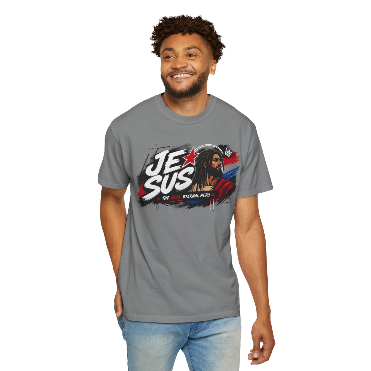 Jesus Retro Graphic T-Shirt — “J.E.SUS The Real Eternal Hero” Christian Vintage Tee