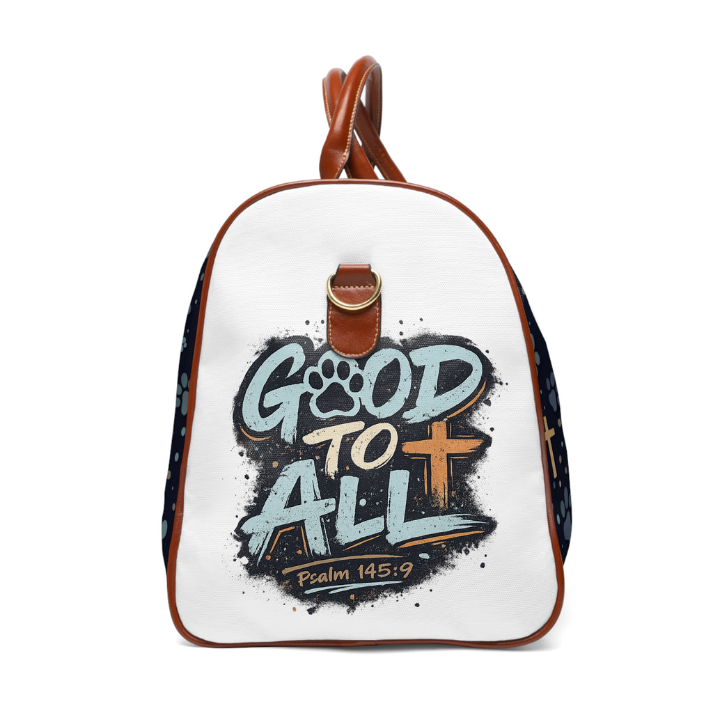 Christian Paw Print Travel Duffle — Psalm 145:9 Waterproof Weekender Bag