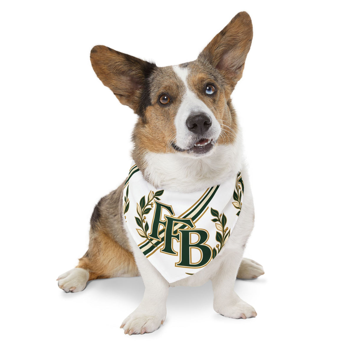 Monogram Laurel Pet Bandana Collar — Green & Gold FFB Crest