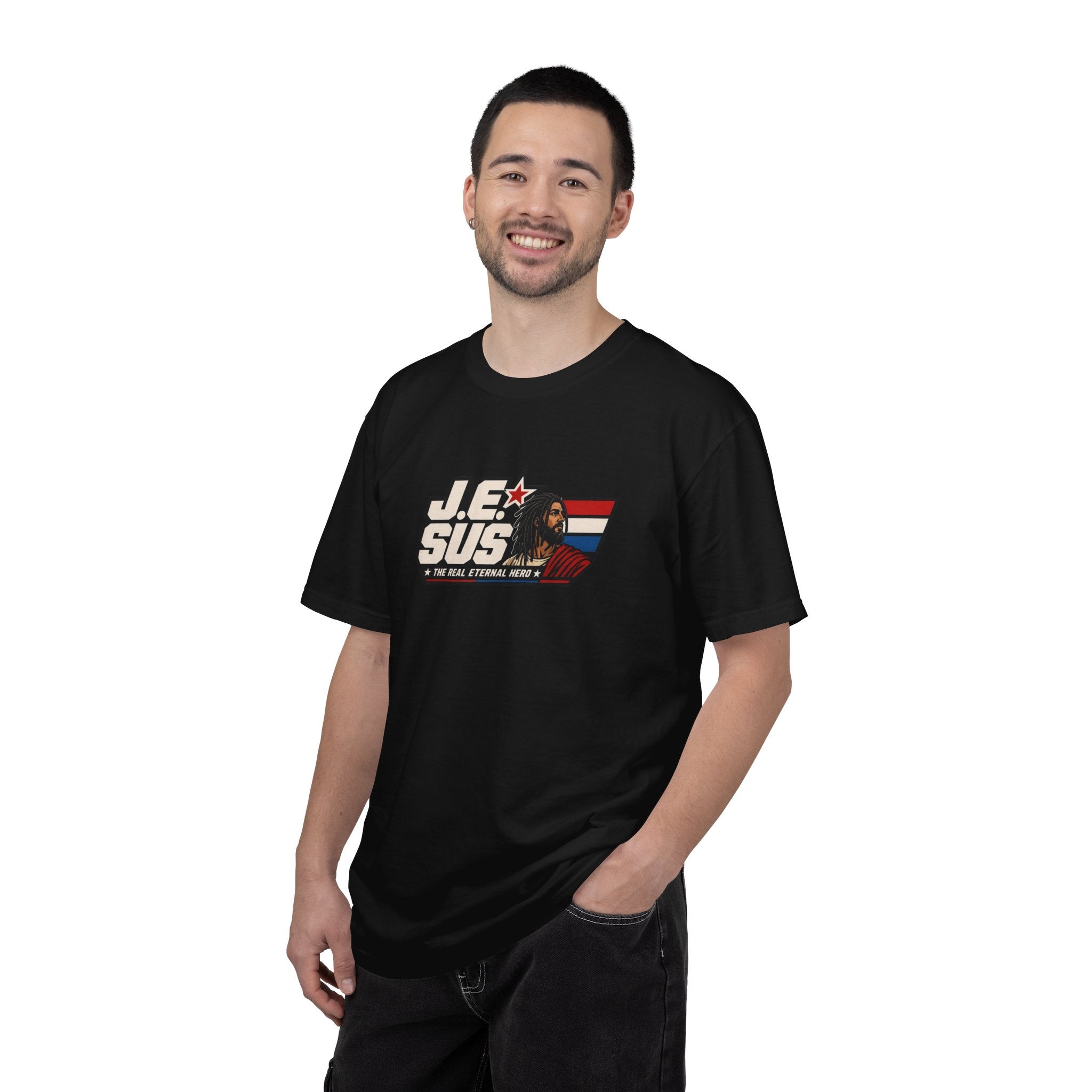 Jesus Retro Graphic T-Shirt — “J.E.SUS The Real Eternal Hero” Christian Vintage Tee