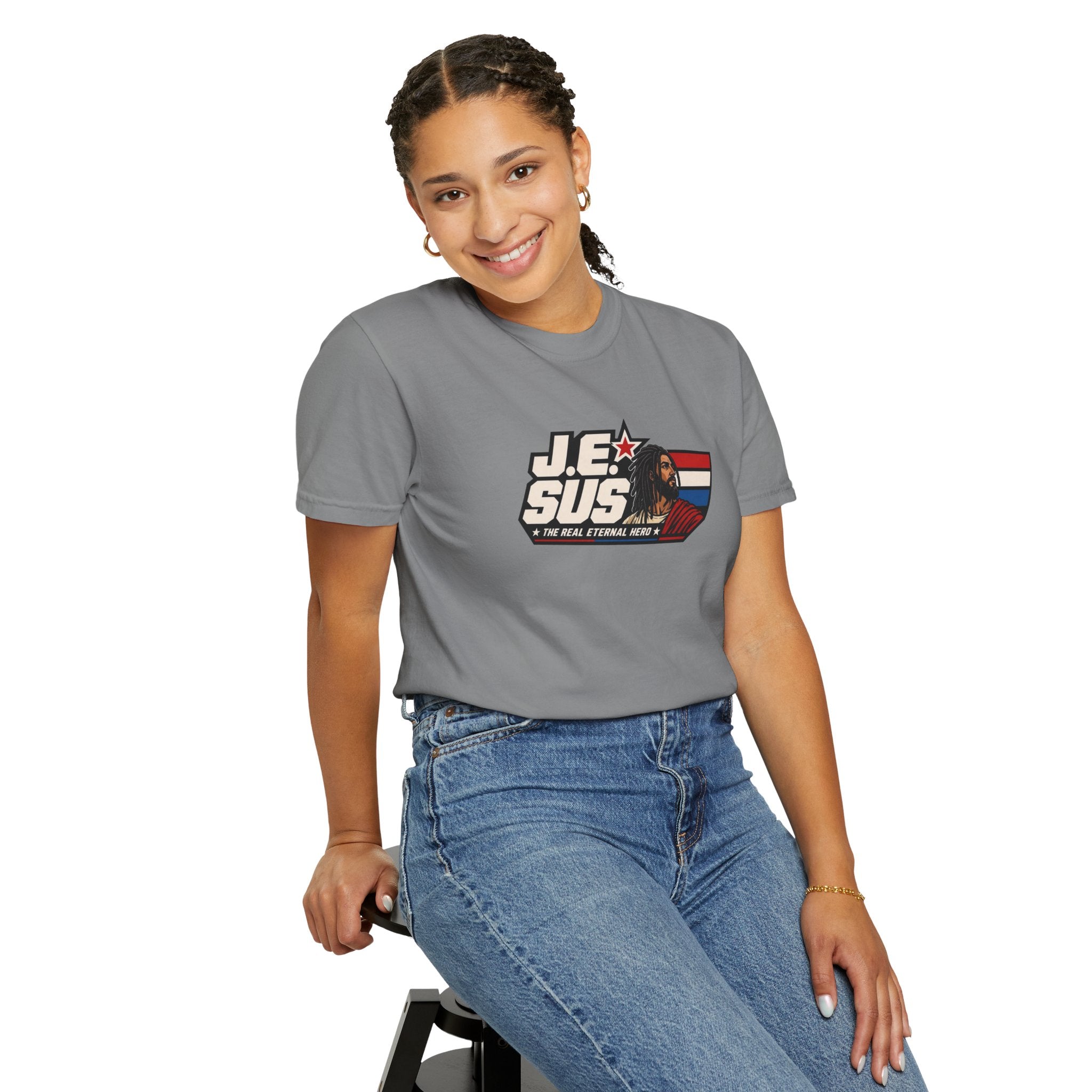 Jesus Retro Graphic T-Shirt — “J.E.SUS The Real Eternal Hero” Christian Vintage Tee