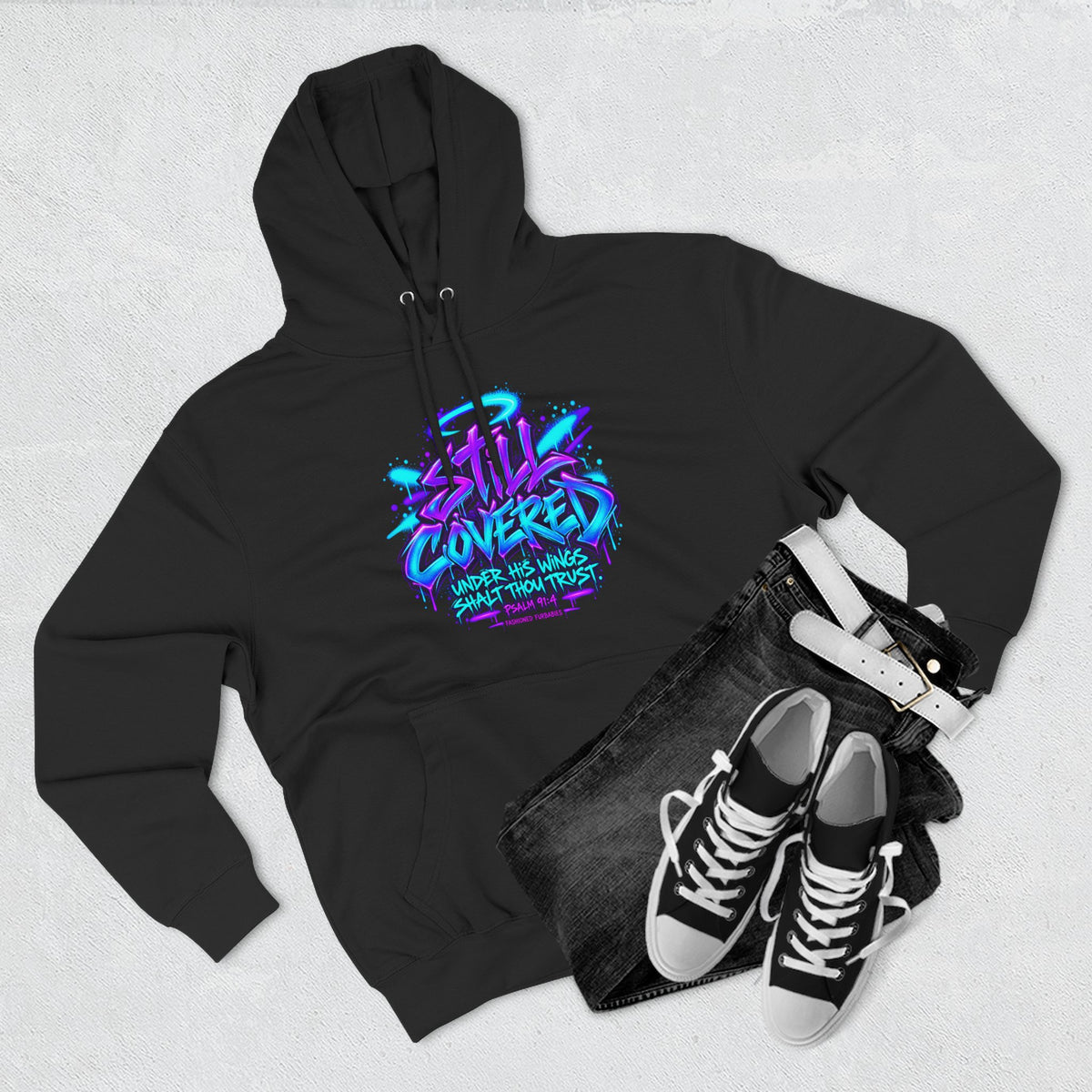Christian Hoodie — "He Shall Cover Thee" Psalm 91:4 Graphic Fleece Hoodie