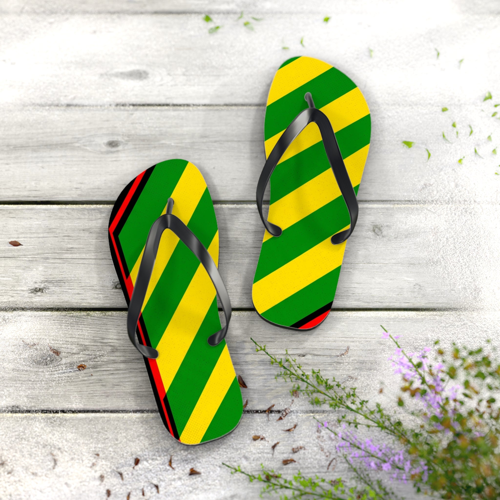 Jamaican Stripe Flip Flops – Green, Yellow & Black Beach Sandals