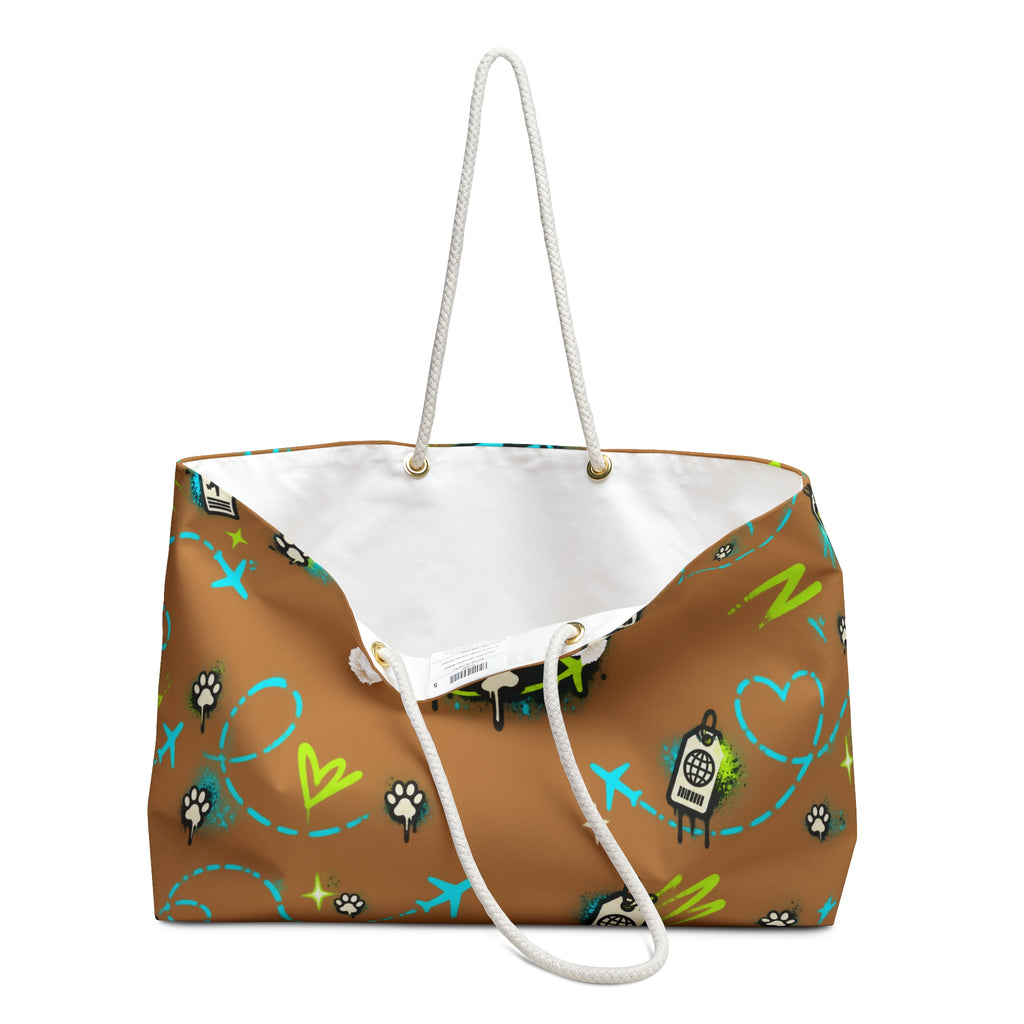 FFB Pawprint Weekender Bag — Travel Tote with Fun Phone & Plane Pattern