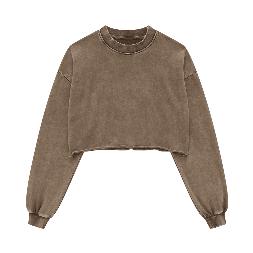 Washed Raw-Edge Cropped Crew Neck Sweatshirt