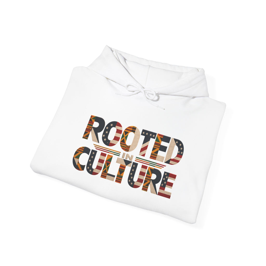 Black Graphic Hoodie — "Rooted in Culture" African Kente Inspired and USA pattern Pullover