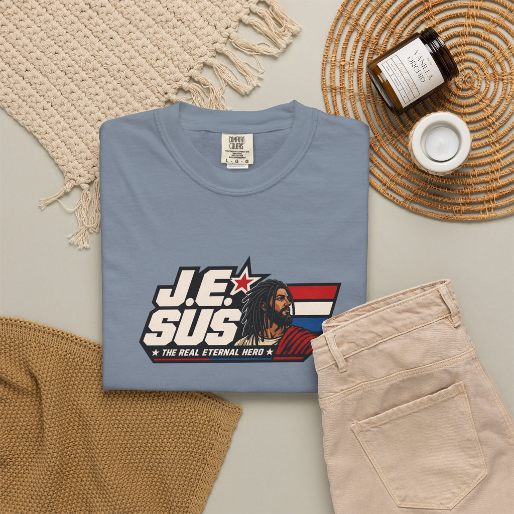 Jesus Retro Graphic T-Shirt — “J.E.SUS The Real Eternal Hero” Christian Vintage Tee