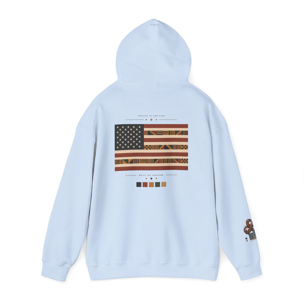 Black Graphic Hoodie — "Rooted in Culture" African Kente Inspired and USA pattern Pullover
