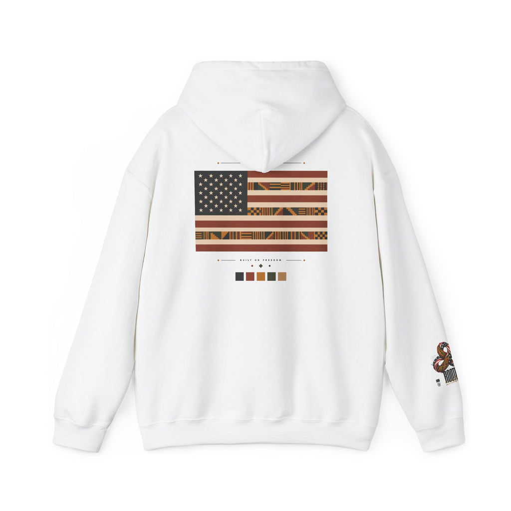 Black Graphic Hoodie — "Rooted in Culture" African Kente Inspired and USA pattern Pullover