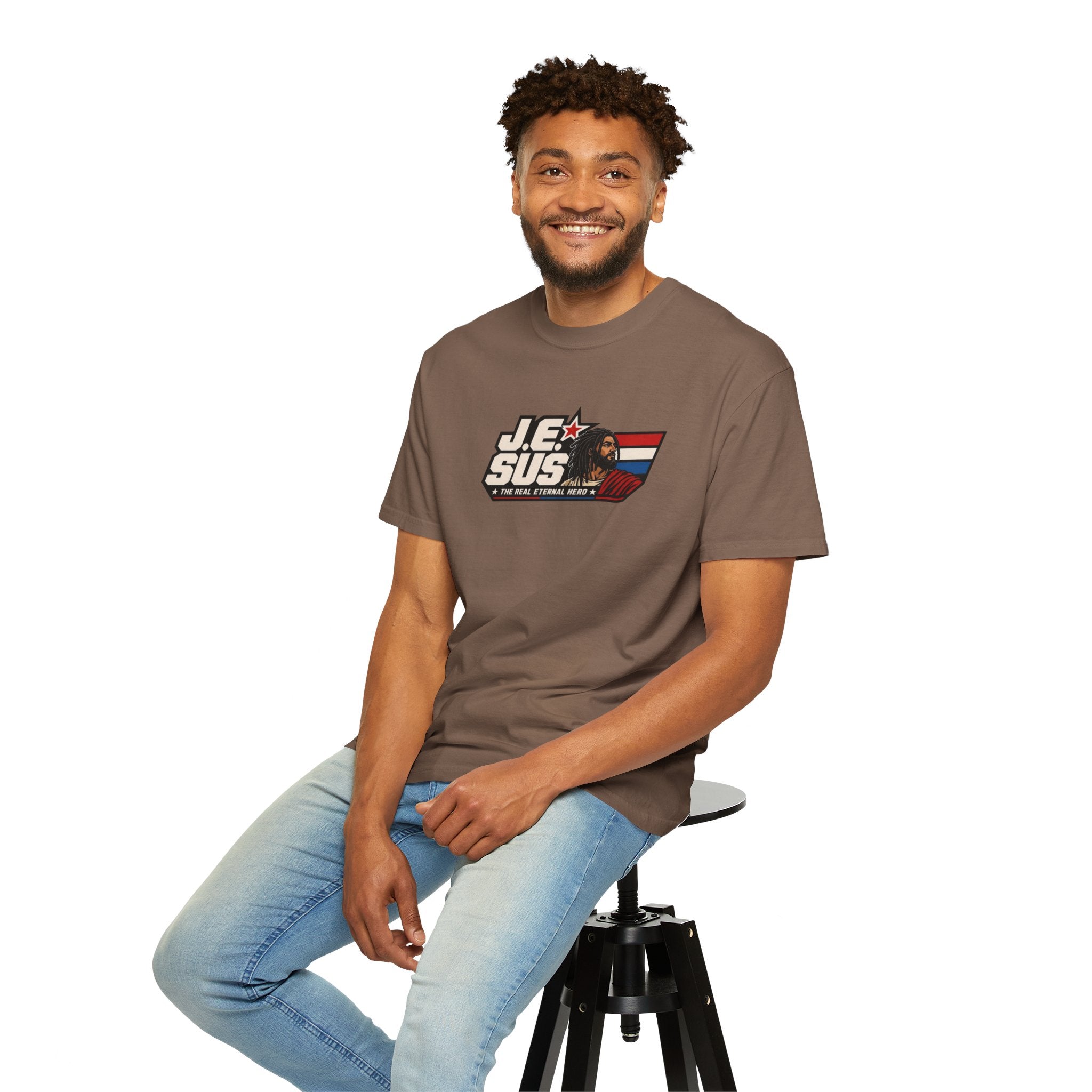 Jesus Retro Graphic T-Shirt — “J.E.SUS The Real Eternal Hero” Christian Vintage Tee