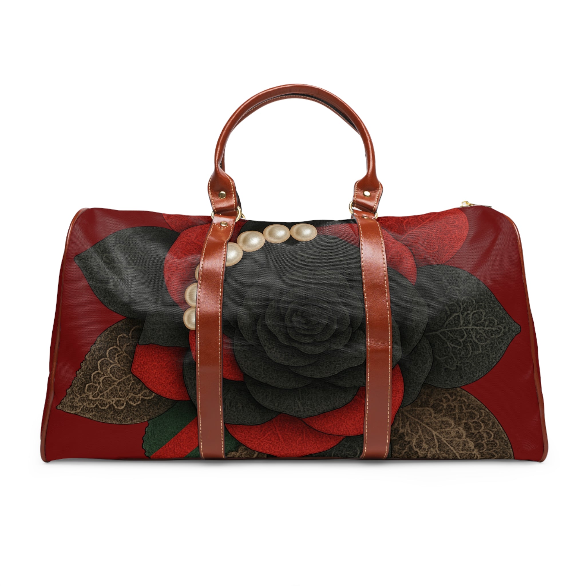 Waterproof Travel Bag — Elegant Black & Red Rose Pearl Duffle