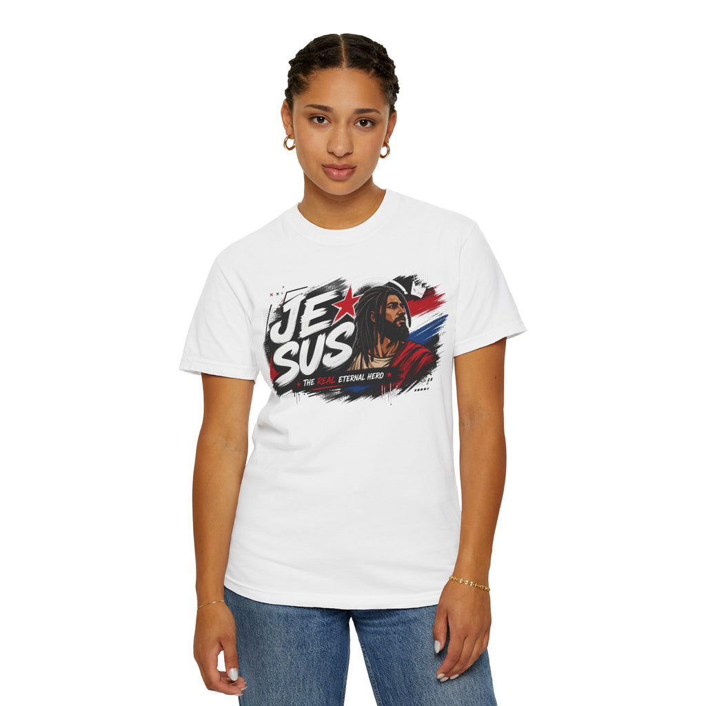 Jesus Retro Graphic T-Shirt — “J.E.SUS The Real Eternal Hero” Christian Vintage Tee