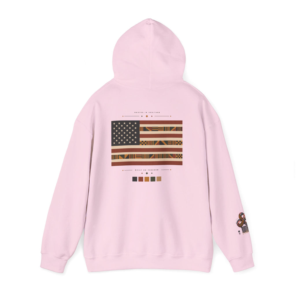 Black Graphic Hoodie — "Rooted in Culture" African Kente Inspired and USA pattern Pullover