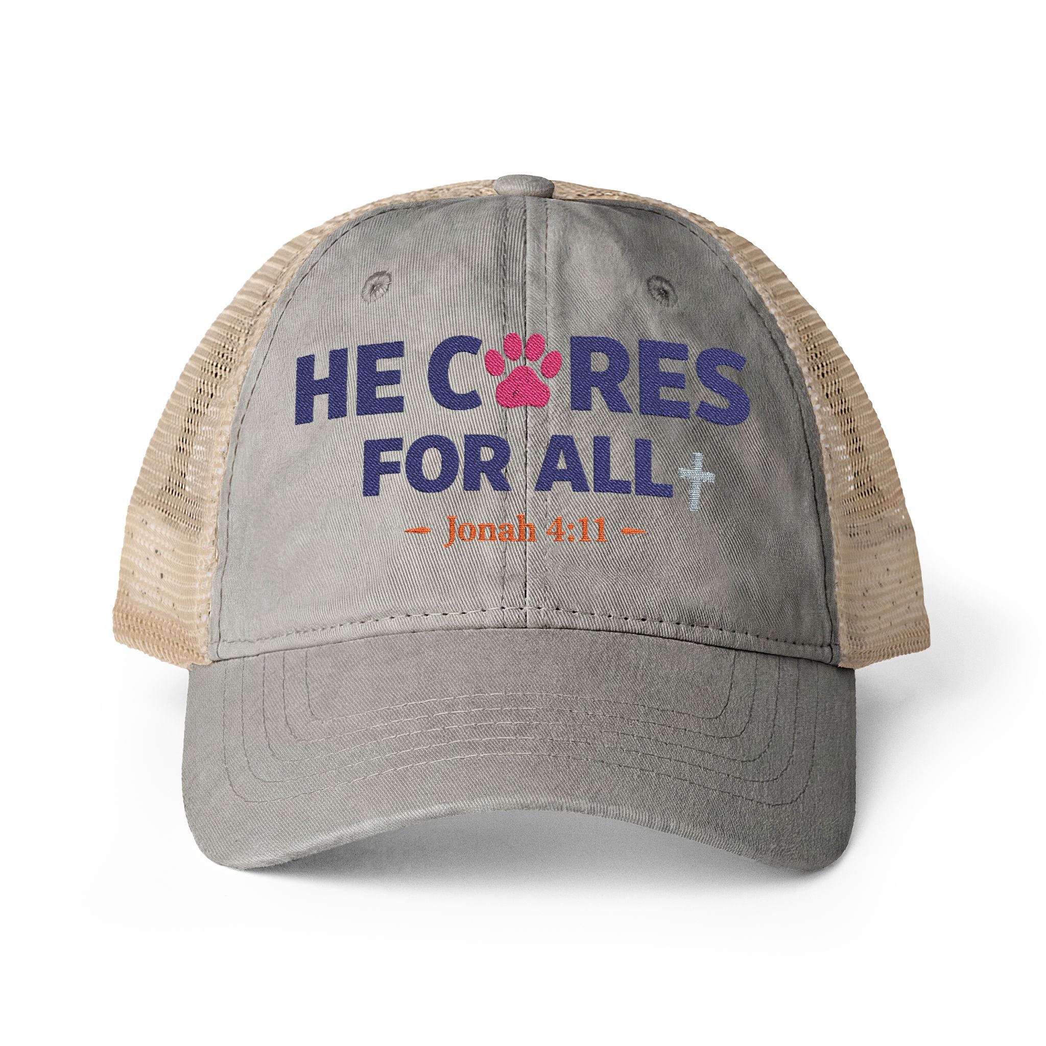 He Cares for All Scripture Paw Print Women's Washed Mesh-Back Cap