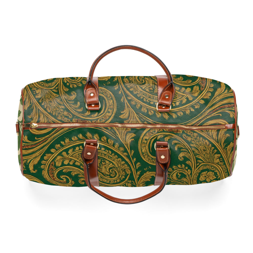 Green Baroque Waterproof Travel Bag — Elegant Floral Weekender Duffle