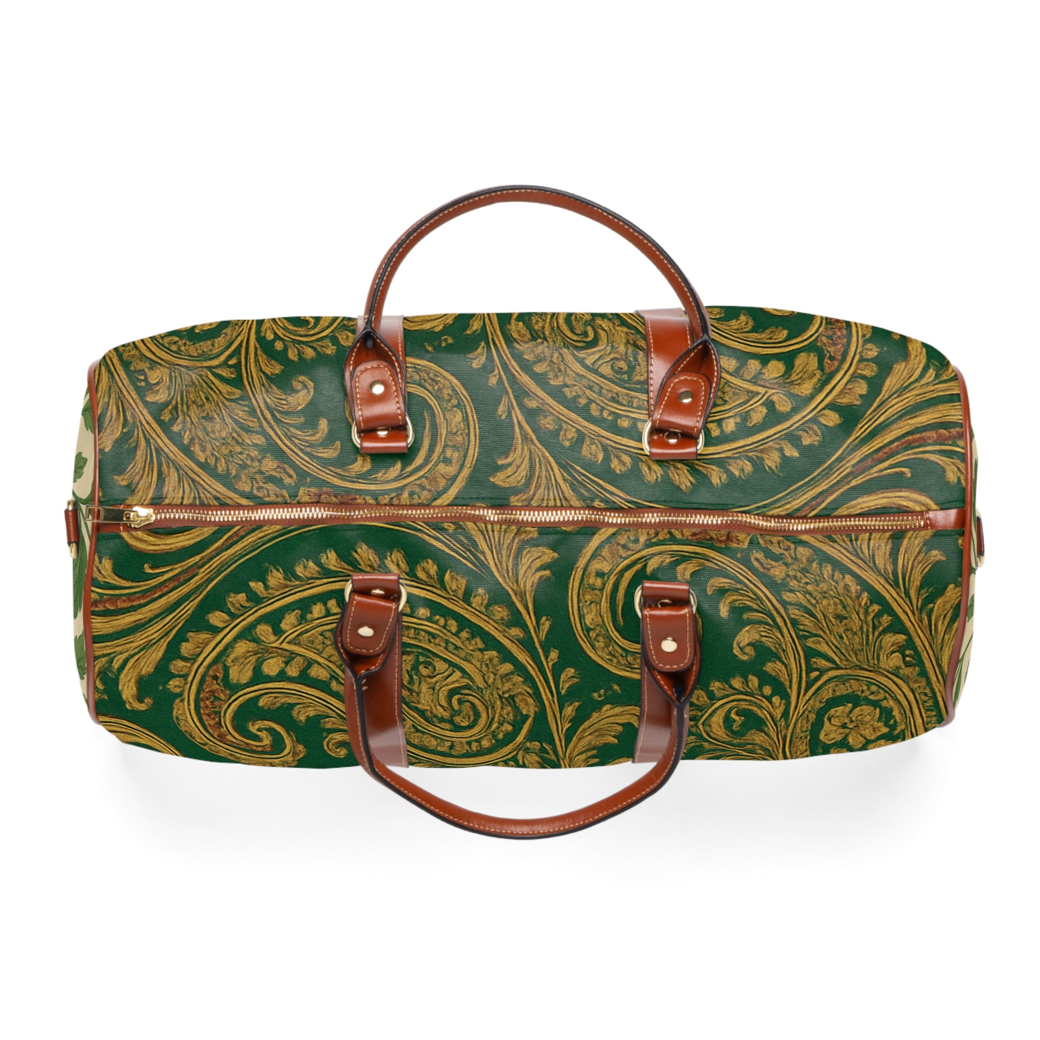 Green Baroque Waterproof Travel Bag — Elegant Floral Weekender Duffle