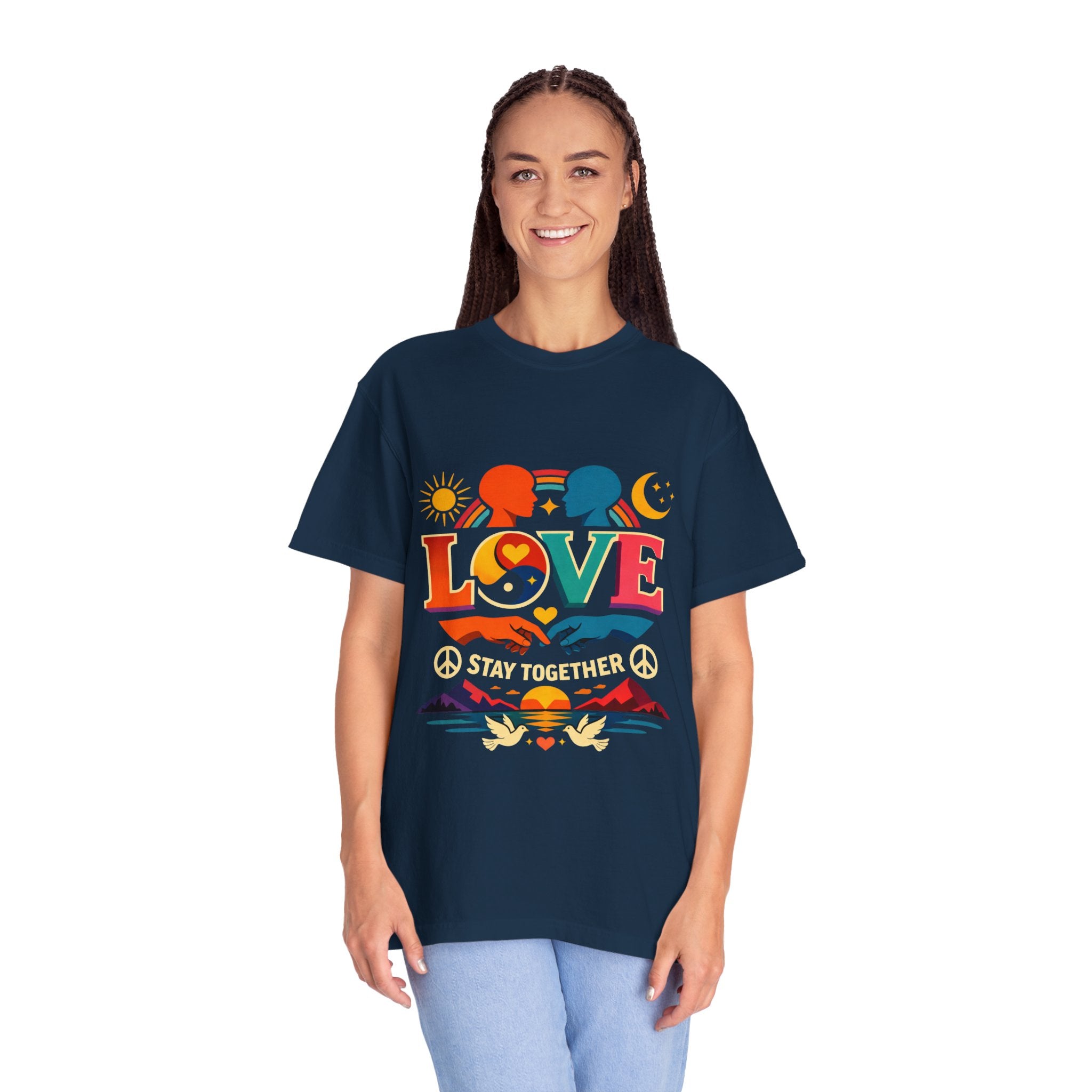 Love Together Retro Graphic T-Shirt — Colorful Peace & Unity Tee