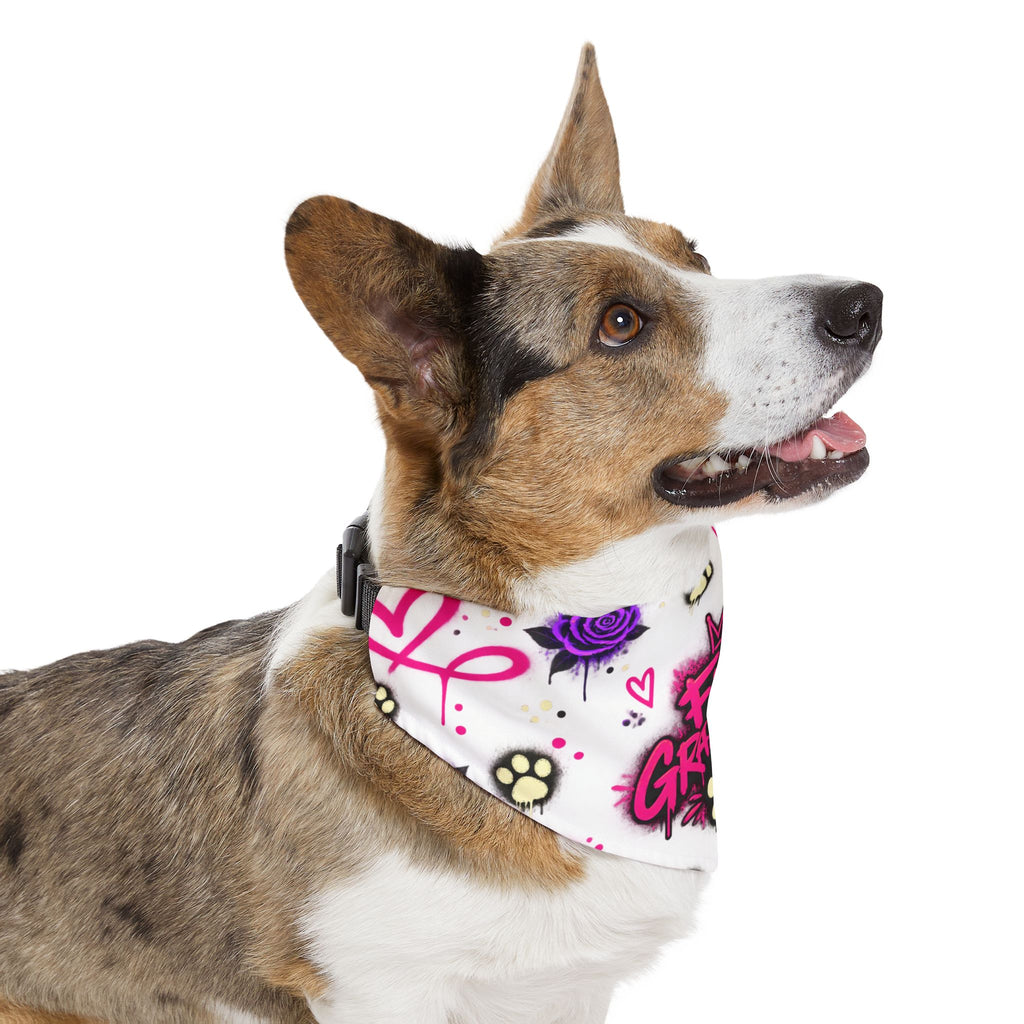 Pet Bandana Collar — “Fur Grandma” Paw Print Bandana Collar, Floral Pink & Purple Dog Scarf