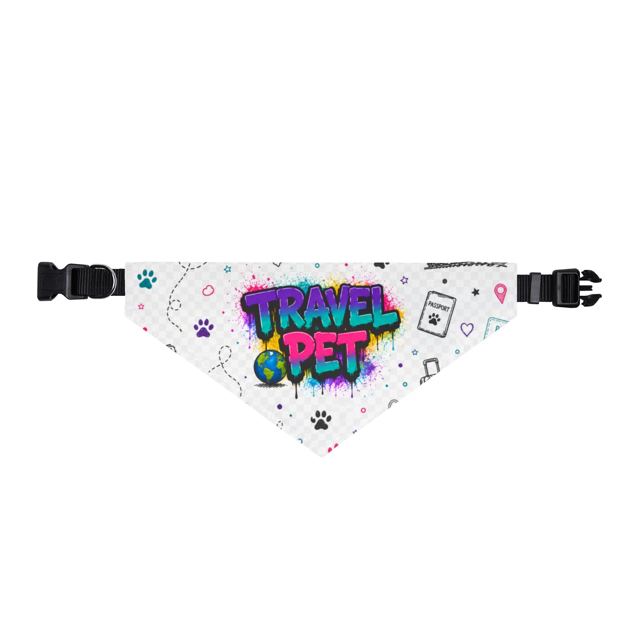 Travel Pet Clip-On Bandana – Colorful Paw Print & Luggage Icon Design