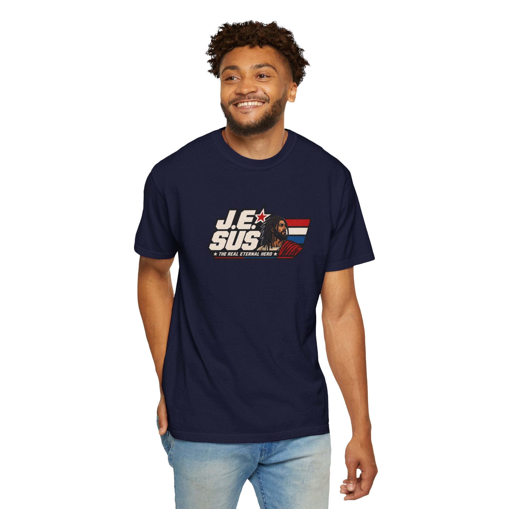 Jesus Retro Graphic T-Shirt — “J.E.SUS The Real Eternal Hero” Christian Vintage Tee
