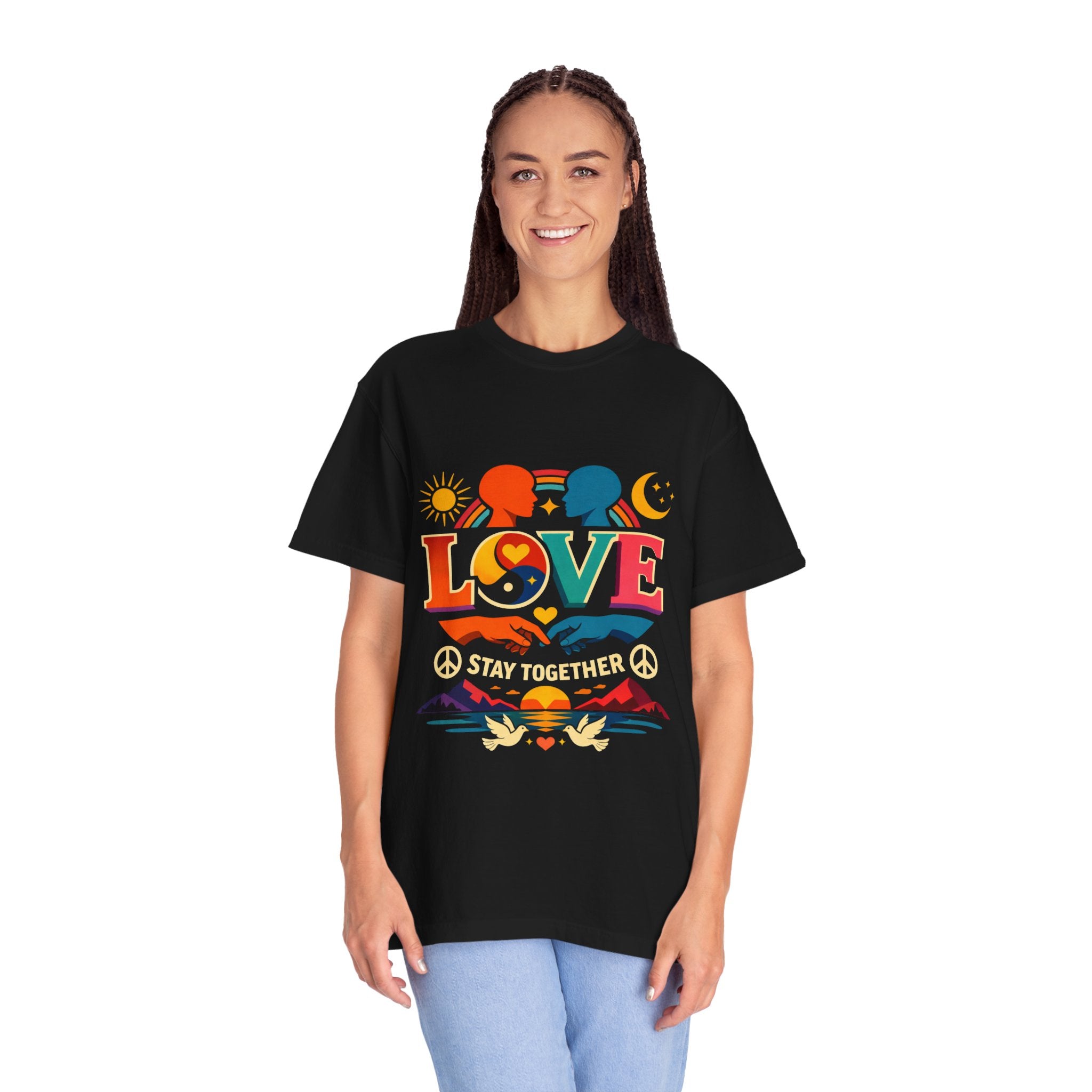 Love Together Retro Graphic T-Shirt — Colorful Peace & Unity Tee
