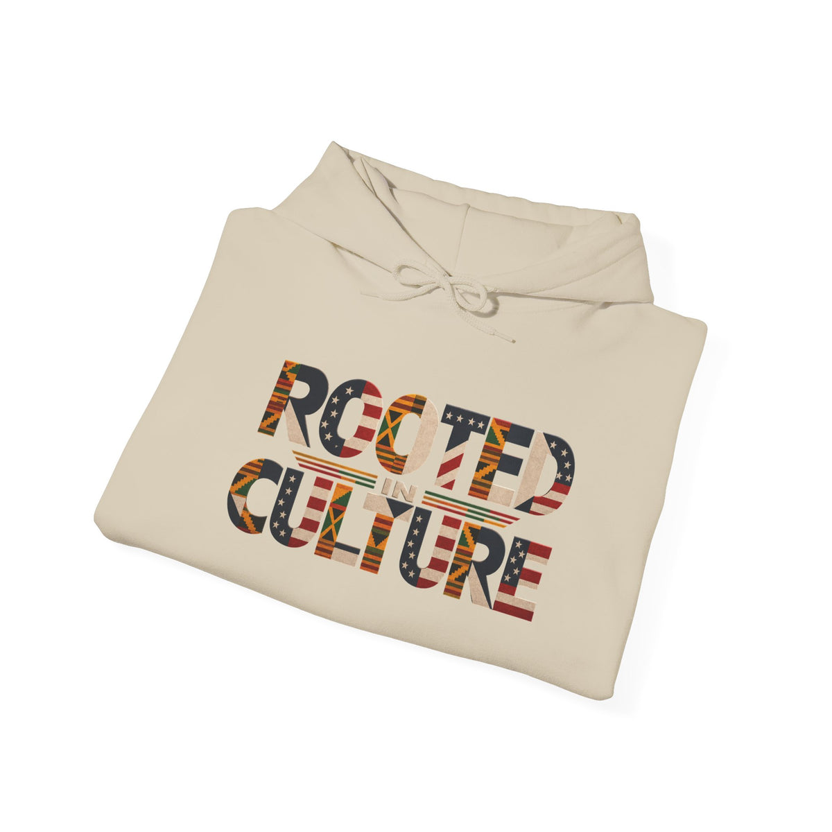 Black Graphic Hoodie — "Rooted in Culture" African Kente Inspired and USA pattern Pullover
