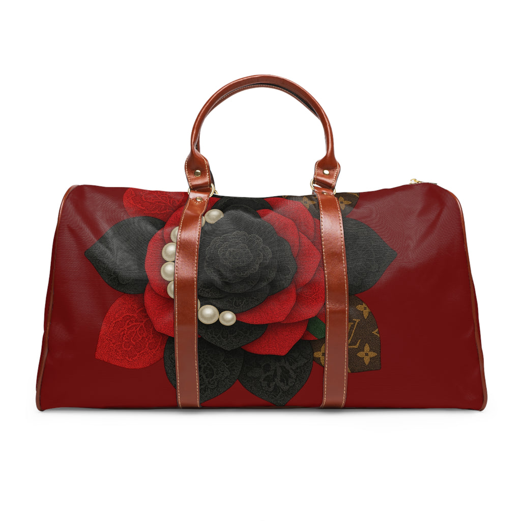 Waterproof Travel Bag — Elegant Black & Red Rose Pearl Duffle. (no raised pearls )￼