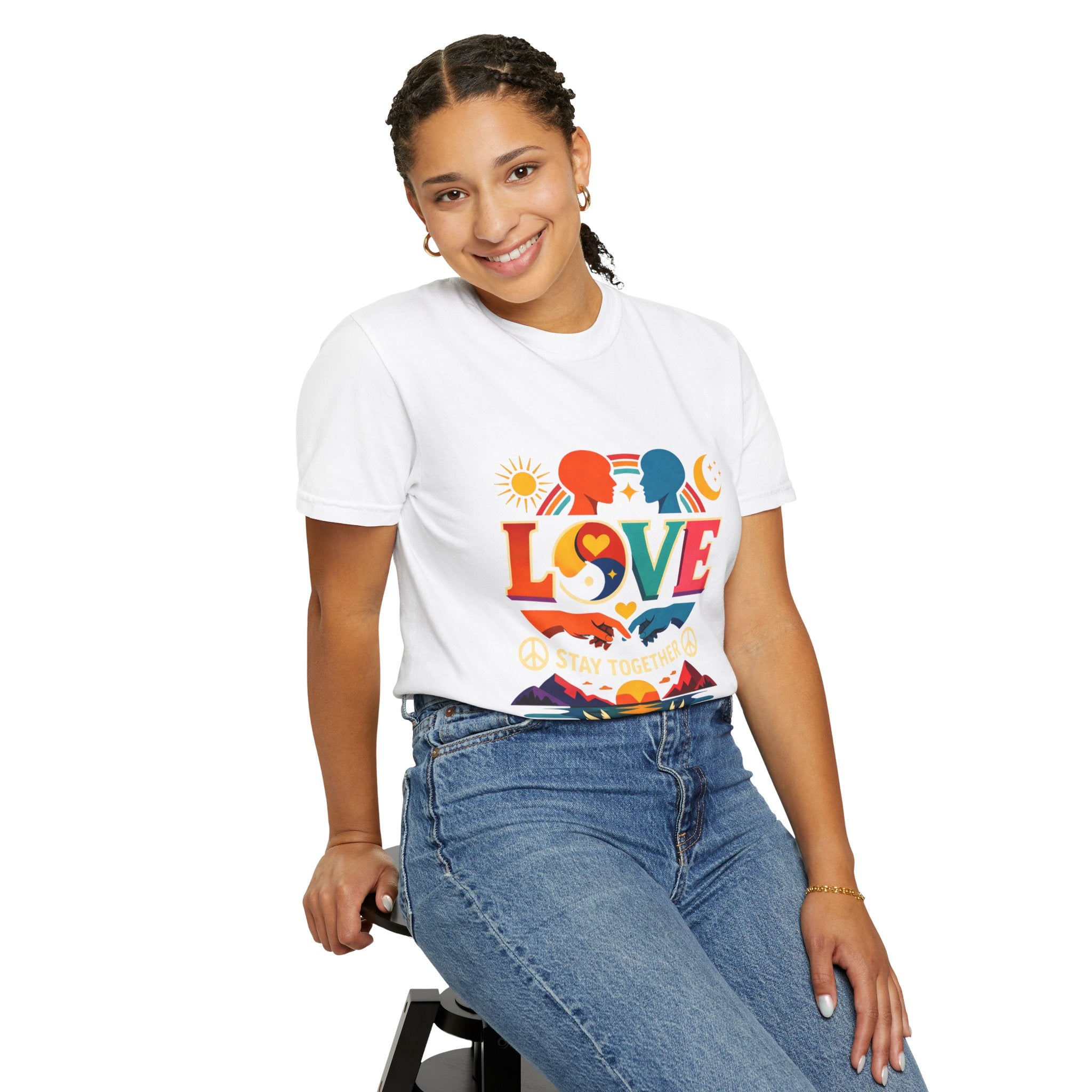 Love Together Retro Graphic T-Shirt — Colorful Peace & Unity Tee